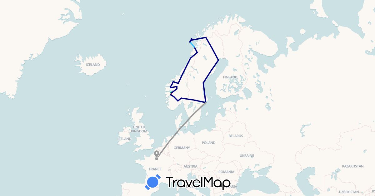 TravelMap itinerary: driving, bus, plane, train, hiking, boat in France, Norway, Sweden (Europe)